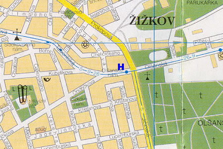 prague map with hotel Olsanka location